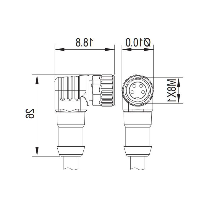 M8 4Pin、母头90°、带LED灯、单端预铸PUR柔性电缆、黑色护套、63S161-XXX