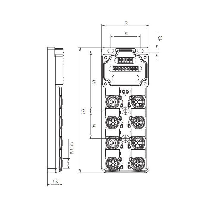 M12分线盒、单通道、NPN、8端口分体式、带LED、PCB端子、24N80E