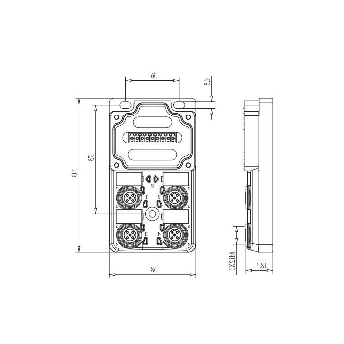 M12分线盒、单通道、NPN、4端口分体式、带LED、PCB端子、24N409